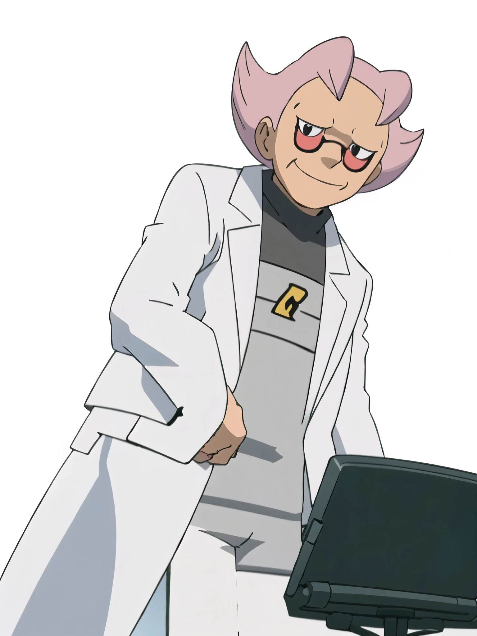 (masterpiece, best quality:1.2,ultra detailed,8k),1boy,solo,Charon \(pokemon\),black eyes,long sleeves,shirt,smile,white coat,pink hair,red glasses,looking at viewer