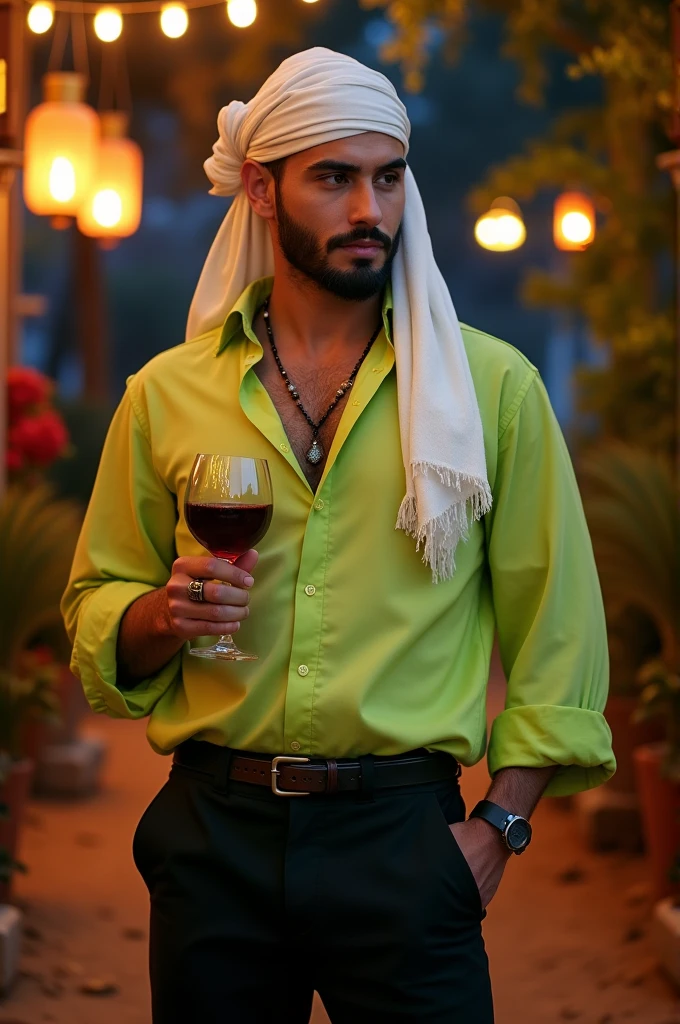 Gypsy with a plain white scarf on his head
Lime green shirt, black pants
Holding a glass of wine