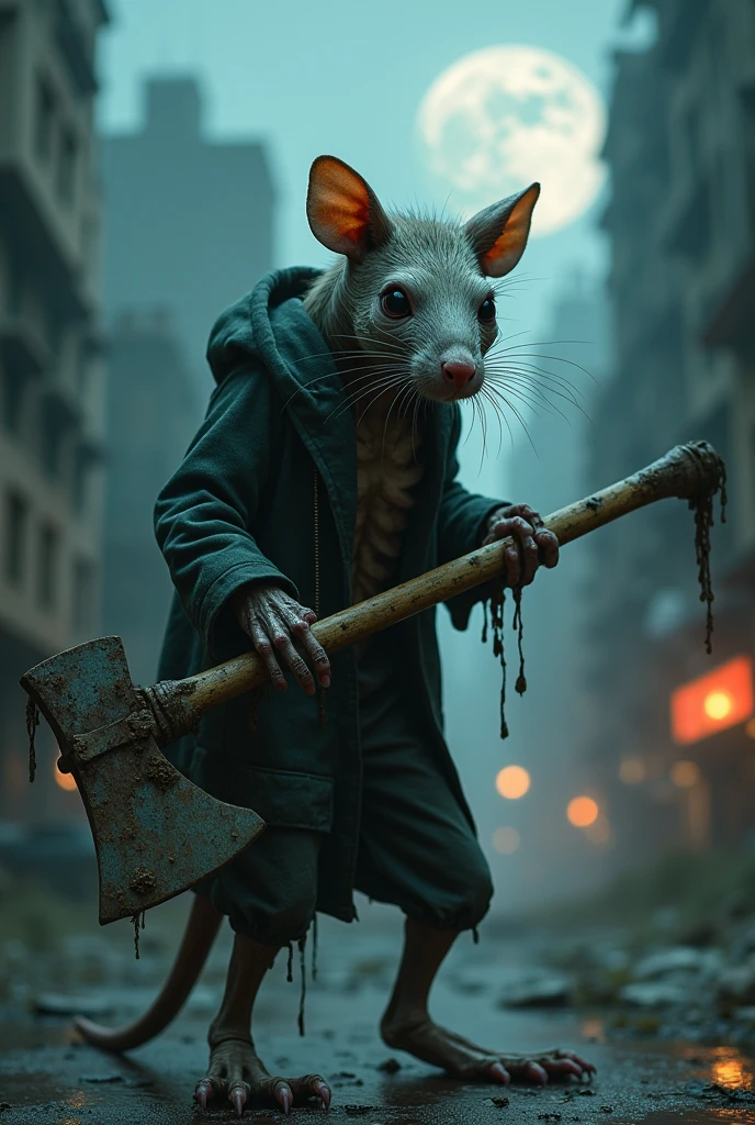 (Ultra detailed), a chilling full-size portrait of a decaying anthro rat, zombie, holding an aged, rusted axe, ((corpse-like skin)), ((detailed hands grasping the axe tightly)), ((loose, tattered clothes)), ((dull eyes with a hollow, vacant stare)), ((lean body with prominent bones and rat-like features)), ((backdropped by a desolate, abandoned cityscape under a moonlit, foggy night))., trending on artstation,foxovh, cenematic lighting, detailed background, ((haunting, eerie, menacing aura)), cyberpunk anthro rat male wearing cyberpunk outit in a destroyed city . shallow depth of field, vignette, highly detailed, high budget, bokeh, cinemascope, moody, epic, gorgeous, film grain, grainy, high quality photography, 3 point lighting, flash with softbox, 4k, Canon EOS R3, hdr, smooth, sharp focus, high resolution, award winning photo, 80mm, f2.8, bokeh,stylized by Modern Disney, photograph, Cyberpunk Rat, Galactic halo background, Cobra, double exposure, Kodak portr400, 35mm, Swirling Brown, key visual, shadowrun, horror, synthwave, dark realism