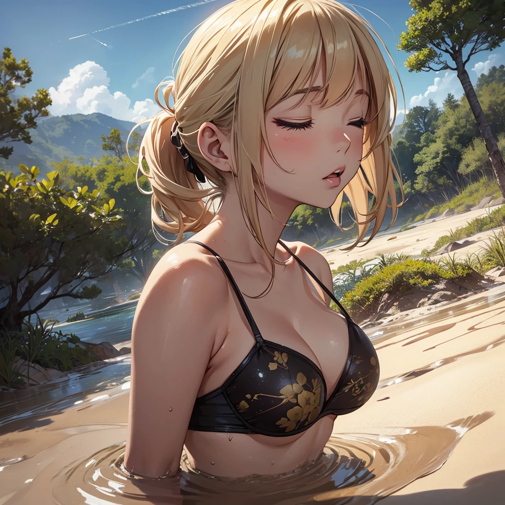 1girl, solo:1.5, masterpiece, best quality, high res, highly detailed, (illustration), beautiful detailed eyes, yuigahama yui, blonde hair ponytail, glossy lips, light makeup, orgasm, (looking up to the sky:1.5), (mouth open:1.2), intimate moment, wearing a string bikini, cleavage, (quicksand:1.4), (from side:1.4), bog, swamp, grass, trees, (eyes closed:1.3), gasping