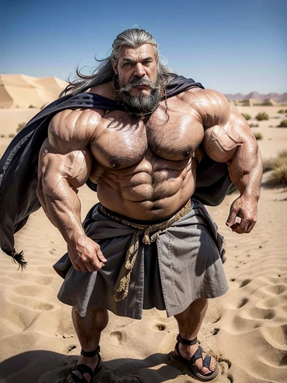 Hyperrealistic close-up image of an Arab Bedouin superhero sweating profusely with very long gray hair. A very muscular 80-year-old bodybuilder weighing over 200 kilos with a bare torso, large drooping pecs, large tattoos, brown nipples, and large. A big grey moustache Dressed in a wide skirt and sandals among the dunes of the Sahara desert.