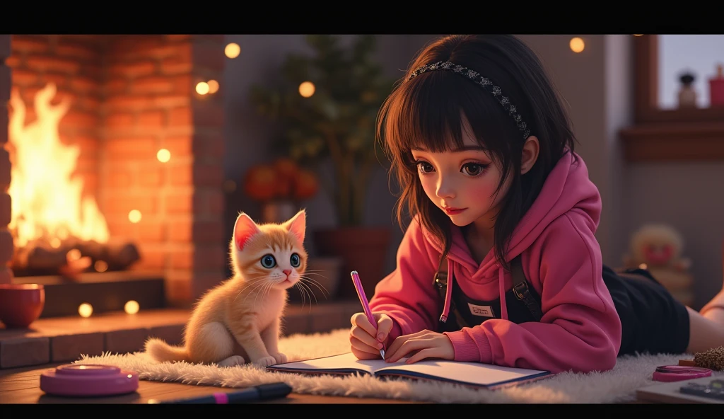 A beautiful young e-girl with princess-like eyes, wearing headphones and stylish clothing in pink and black, is writing in a notebook. The scene is set in a cozy room with a warm, crackling fireplace. A curious kitten is sitting nearby, watching intently as she writes. The image should be of high quality, a work of art, and highly detailed, with a 16:9 aspect ratio.