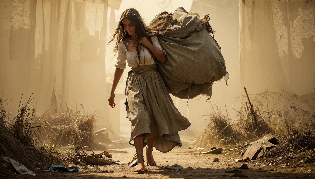 peasant serf girls dressed in peasant homespun canvas torn shirts , barefoot , sweaty hair , tanned, beautiful but unhappy, tired of corvee