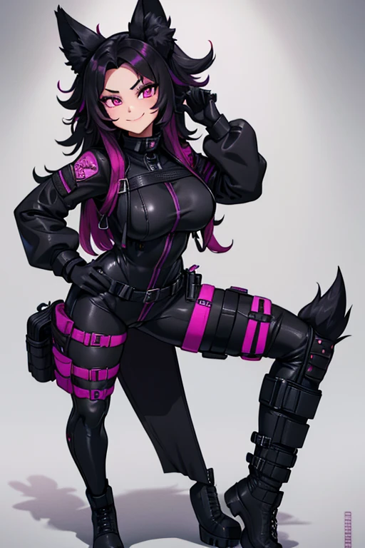 female, black long hair with magenta trim, silver eyes, wolf ears, wolf tail, (((1girl))), (((black full tactical bodysuit))), (magenta tactical belt), (black military boots), (black gloves), cute and sexy, full body, large breasts, long legs, smiling