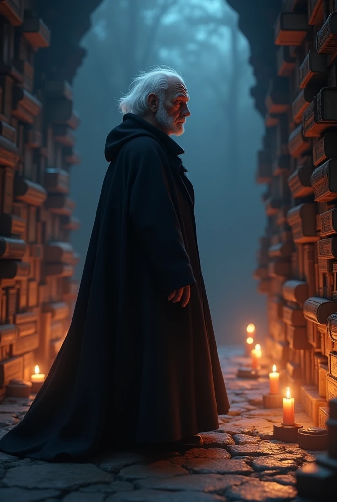 Create a highly detailed 3D Pixar-style character of a mysterious guardian of secrets. The character is of indeterminate age, with timeless, enigmatic features. They are dressed in a dark, elegant coat, with piercing eyes that seem to see into the soul. They hold an ancient book or a key, symbolizing the secrets they protect. The setting is a dimly lit room filled with old books, candles, and mystical artifacts. The overall atmosphere should be mysterious and captivating, drawing viewers in with a sense of intrigue and anticipation.