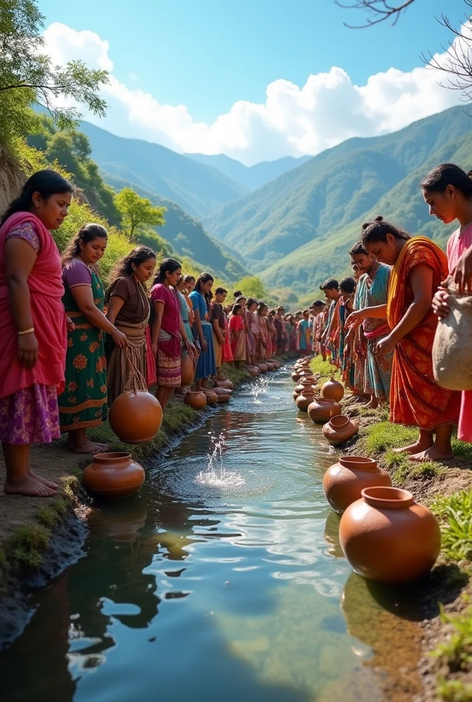 The villagers finally reach the spring and fill their containers with life-giving water.