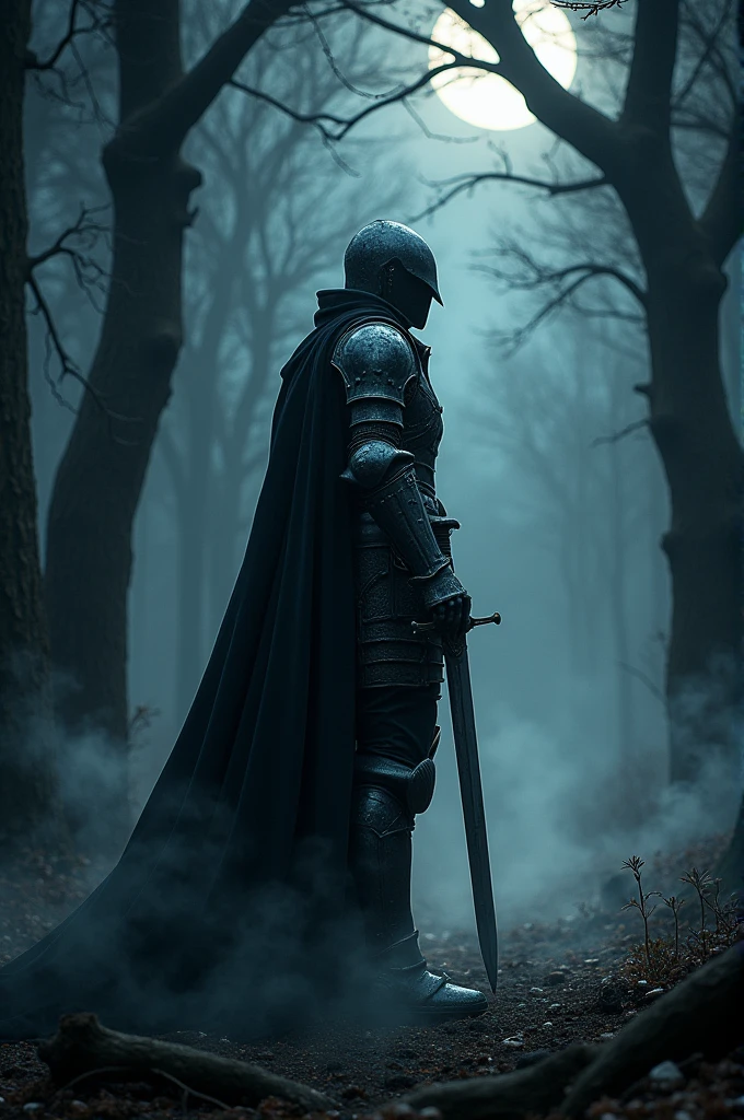 Create an image of a knight shrouded in darkness facing to the right with his sword drawn 