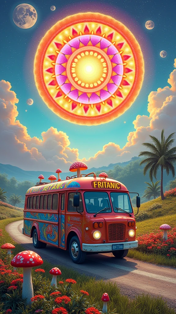 An ultra-realistic and highly detailed image of a tour bus with the name "FRITANIC" written in large, playful letters on the side and front of the vehicle. The bus features a psychedelic and cheerful paint job. The environment exudes positive energy. The bus is traveling on a country road surrounded by beautiful vegetation, flowers, and various psychedelic mushrooms in the early morning. In the sky, a beautiful and psychedelic mandala is forming. The sky has a psychedelic tone. The scene is captured with a Fujifilm X-T4 paired with a 16-55mm f/2.8 R LM WR lens, ensuring stunning clarity and rich details. The lighting is soft and warm, with the early morning sun casting a gentle glow on the vibrant landscape. The aspect ratio is 9:16, emphasizing the vertical composition 