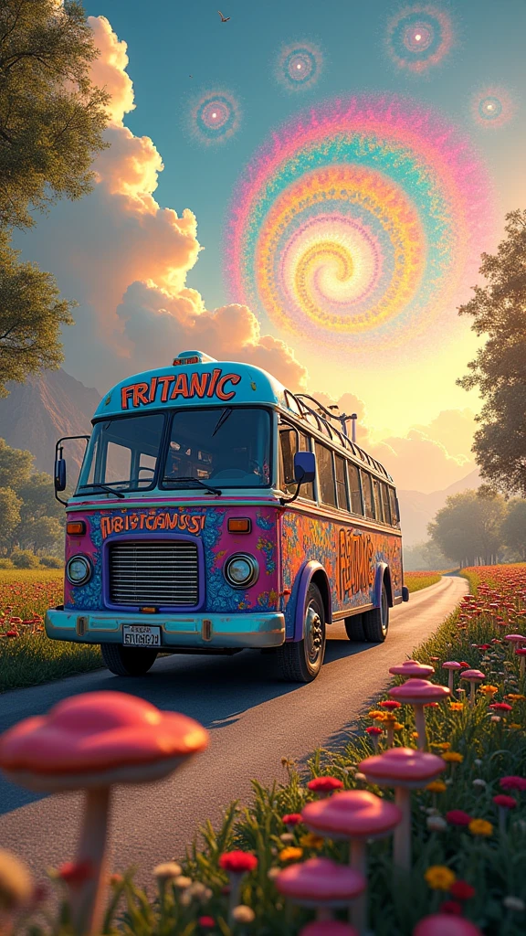 An ultra-realistic and highly detailed image of a tour bus with the name "FRITANIC" written in large, playful letters on the side and front of the vehicle. The bus features a psychedelic and cheerful paint job. The environment exudes positive energy. The bus is traveling on a country road surrounded by beautiful vegetation, flowers, and various psychedelic mushrooms in the early morning. In the sky, a beautiful and psychedelic mandala is forming. The sky has a psychedelic tone. The scene is captured with a Fujifilm X-T4 paired with a 16-55mm f/2.8 R LM WR lens, ensuring stunning clarity and rich details. The lighting is soft and warm, with the early morning sun casting a gentle glow on the vibrant landscape. The aspect ratio is 9:16, emphasizing the vertical composition