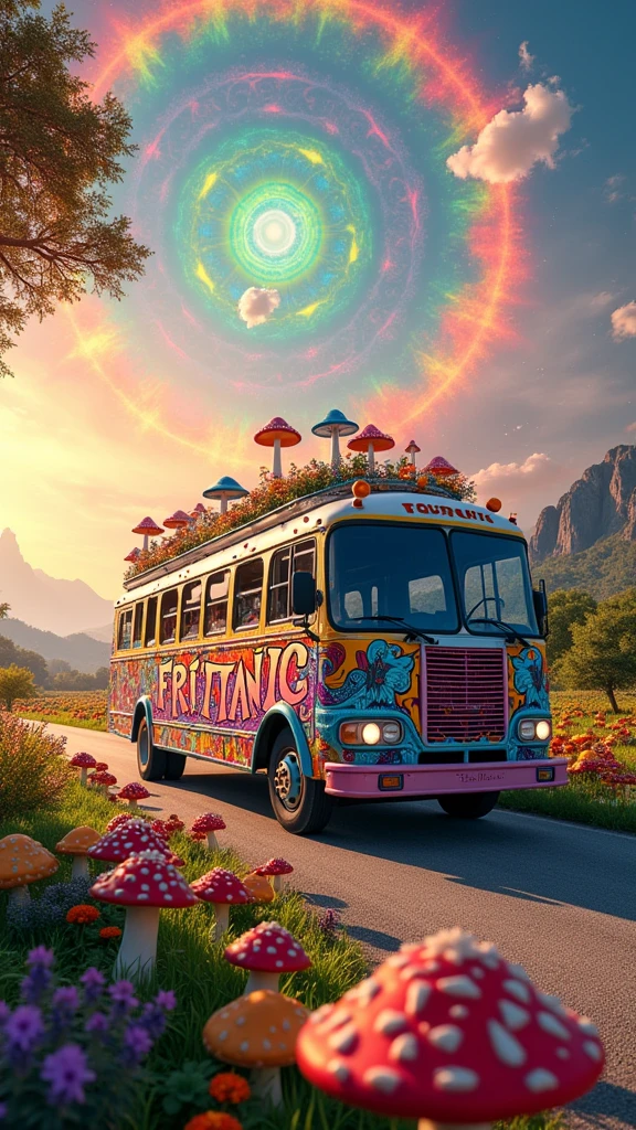 An ultra-realistic and highly detailed image of a tour bus with the name "FRITANIC" written in large, playful letters on the side and front of the vehicle. The bus features a psychedelic and cheerful paint job. The environment exudes positive energy. The bus is traveling on a country road surrounded by beautiful vegetation, flowers, and various psychedelic mushrooms in the early morning. In the sky, a beautiful and psychedelic mandala is forming. The sky has a psychedelic tone. The scene is captured with a Fujifilm X-T4 paired with a 16-55mm f/2.8 R LM WR lens, ensuring stunning clarity and rich details. The lighting is soft and warm, with the early morning sun casting a gentle glow on the vibrant landscape. The aspect ratio is 9:16, emphasizing the vertical composition
