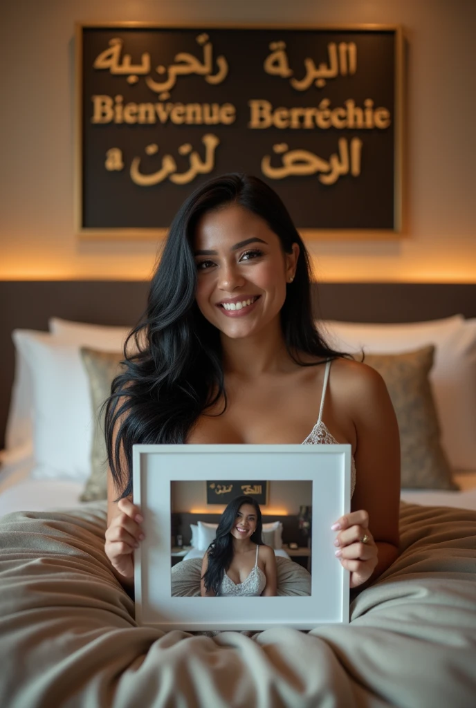Une femme brune. Les cheveux raides, écartés ou assez écartés du cou, pas longs, de couleurs noirs. Une femme un peu volumineuse par sa forme physique. Assise dans une grande chambre d'hôtel, sur un lit de l'hôtel, souriante, la tête droite, le regard droit fixé vers l'avant, portant dans ses mains une grande photo qu'elle montre bien vers l'avant de sorte que la photo qu'elle montre soit un peu décollée de sa poitrine et derrière elle, accroché sur le mur, un tableau avec 2 écritures sur le tableau. L'une qui dit en langue arabe : Bienvenue à Berrechid et la deuxième en langue française qui dit : Bienvenue à Berrechid.