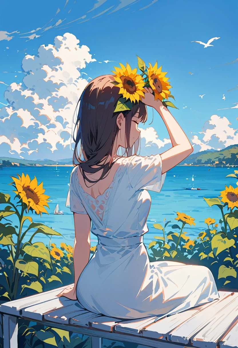 A girl sitting on a white wooden bench at Lake Fuxian in China with her hands raised above her head and back to the camera. She is wearing a pure white short skirt, holding sunflowers in one hand and roses in the other. The background features a blue sky and sea, creating an atmosphere of relaxation and tranquility. in the style of impressionism.