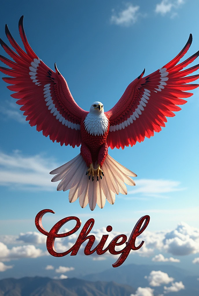 of an eagle colored like the Tunisian flag, He holds the name "Chief" at his feet in a clear and beautiful three-dimensional font, soaring high, high definition, intricate details, high quality images, real