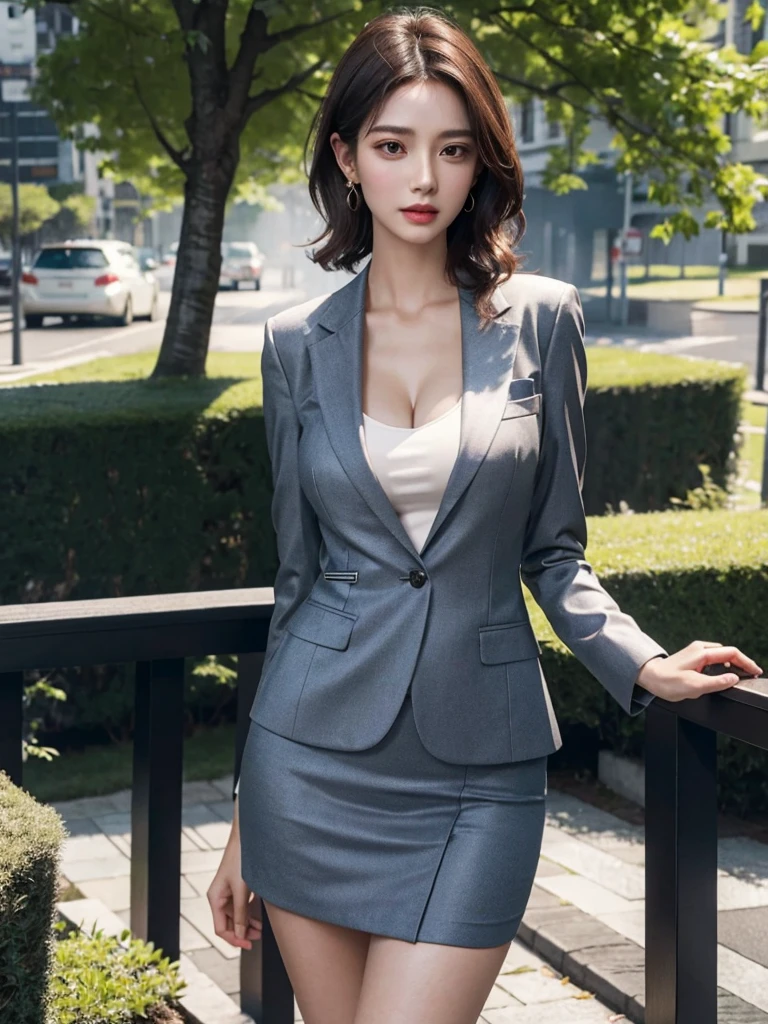 (full body shot), (very huge round tits), (full legs), absurdres, RAW photo, extremely delicate and beautiful, masterpiece, Best Quality, ultra high resolution, 32k, hyper realistic, ultra-detailed, Very detailed CG 8k wallpaper, detailed background, landscape, Beautiful Lighting, Perfect Lightning, Realistic Shadows, perfect anatomy, anatomically correct, ideal ratio body proportions, perfect figure, Perfect Style, Perfect balance, super Detailed skin, in her 30s, very Slim body, narrow waist, very small head, very small face, delicate facial features, handsome detailed woman, very detailed eyes and face, realistic face proportions, Realistic beautiful face, Realistic beautiful eyes, tearful mole, earring, medium short hair, asymmetrical hair, wavy hair, outdoor, business suit, blazer, skirt, blouse,