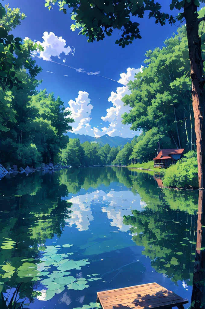 Create a anime landscape image. Vibrant, animated-style image depicting a serene lakeside scene. The layout features a wooden cabin on stilts extending over a clear, reflective lake. A person with medium skin tone, wearing a white shirt and dark pants, is lounging on a chair on the cabin's deck, facing the water. The cabin is surrounded by lush green trees, and the sky is bright blue with scattered white clouds. The water is calm, with reflections of the trees and sky, and a few rocks are visible near the shore. The overall atmosphere is peaceful and idyllic, capturing a moment of relaxation in nature.