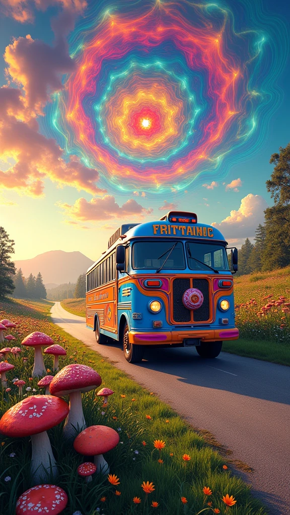 An ultra-realistic and highly detailed image of a tour bus with the name "FRITANIC" written in large, playful letters on the side and front of the vehicle. The bus features a psychedelic and cheerful paint job. The environment exudes positive energy. The bus is traveling on a country road surrounded by beautiful vegetation, flowers, and various psychedelic mushrooms in the early morning. In the sky, a beautiful and psychedelic mandala is forming. The sky has a psychedelic tone. The scene is captured with a Fujifilm X-T4 paired with a 16-55mm f/2.8 R LM WR lens, ensuring stunning clarity and rich details. The lighting is soft and warm, with the early morning sun casting a gentle glow on the vibrant landscape. The aspect ratio is 9:16, emphasizing the vertical composition