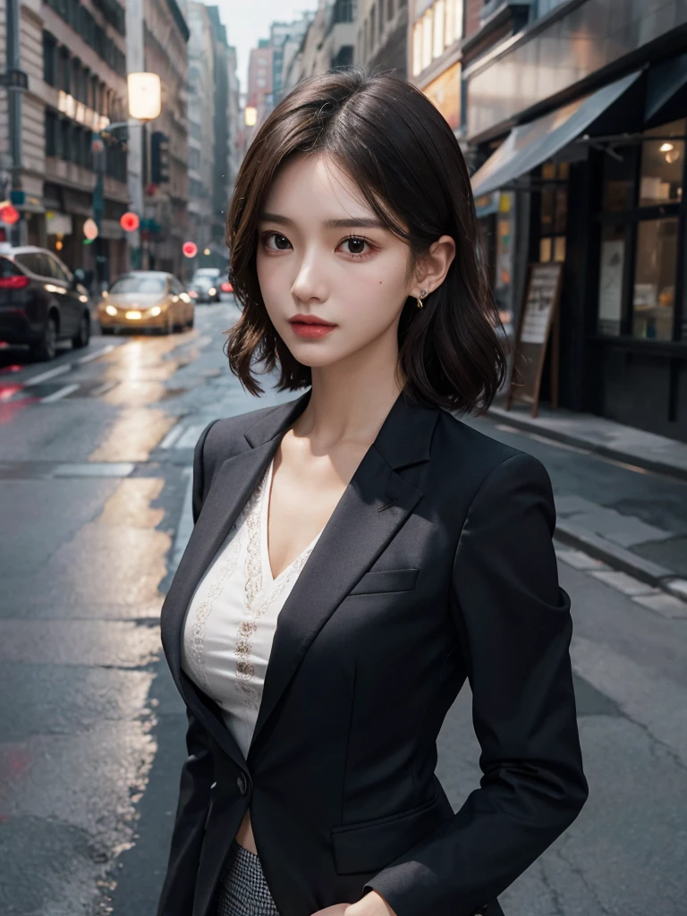 (full body shot), (very huge round tits), (full legs), absurdres, RAW photo, extremely delicate and beautiful, masterpiece, Best Quality, ultra high resolution, 32k, hyper realistic, ultra-detailed, Very detailed CG 8k wallpaper, detailed background, landscape, Beautiful Lighting, Perfect Lightning, Realistic Shadows, perfect anatomy, anatomically correct, ideal ratio body proportions, perfect figure, Perfect Style, Perfect balance, super Detailed skin, in her 30s, very Slim body, narrow waist, very small head, very small face, delicate facial features, handsome detailed woman, very detailed eyes and face, realistic face proportions, Realistic beautiful face, Realistic beautiful eyes, tearful mole, earring, medium short hair, asymmetrical hair, wavy hair, outdoor, business suit, blazer, skirt, blouse,