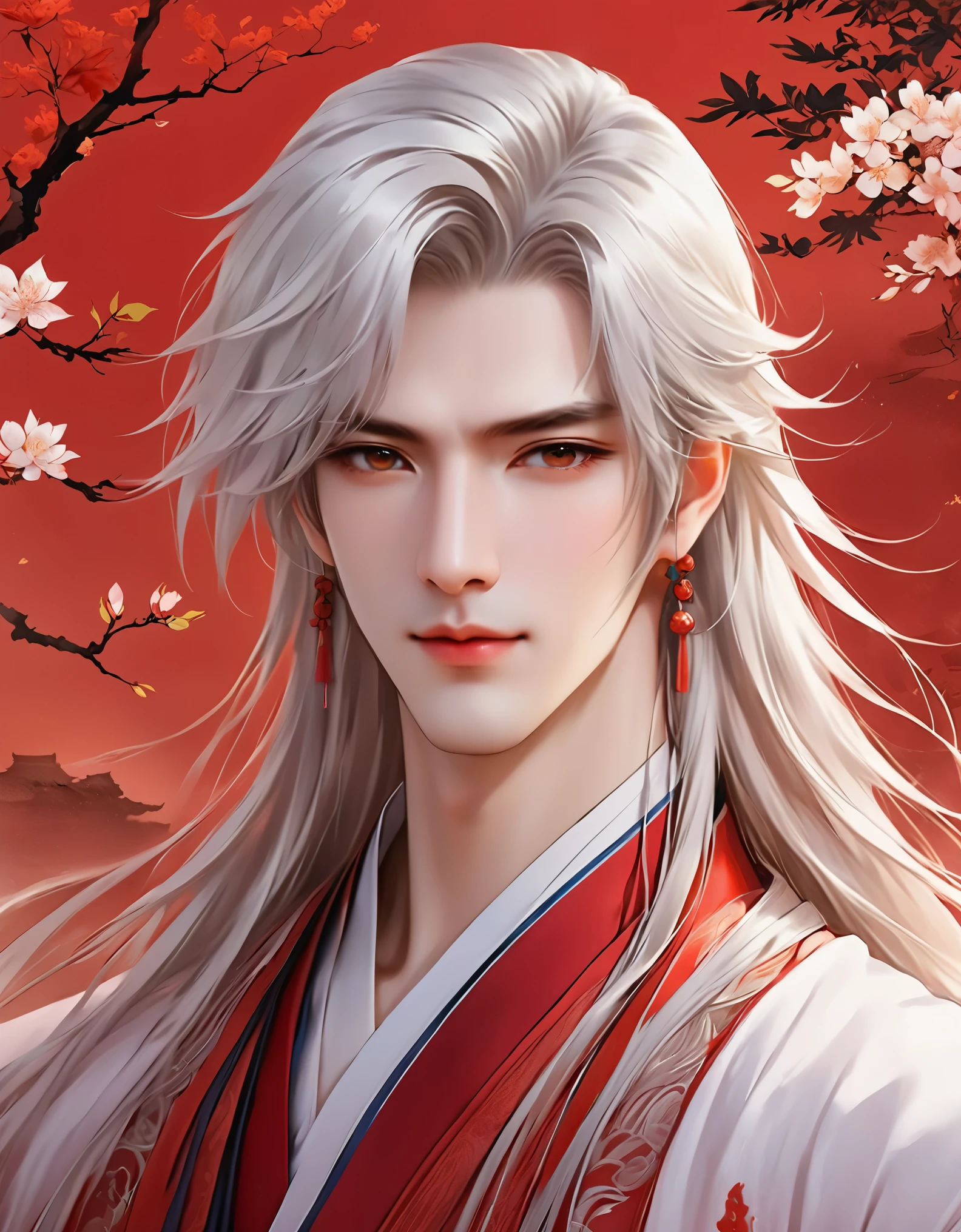 A stunning avatar of an anime male with long hair, Hanfu, Chinese style background, Exquisite facial features, Handsome and majestic, white hair，Brilliant colors, red theme, High resolution, Perfect details.