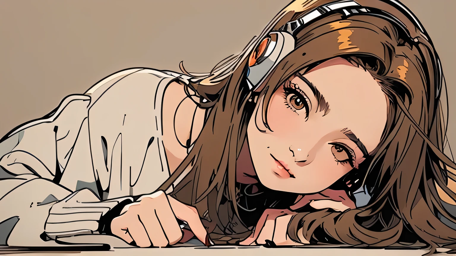 1 woman, attractive, beautiful, detailed face, relaxed face expression, subtle smile, detailed hair, brown color hair, long hair, closed eyes, lying with arms crossed under head, wearing headphones, all muted tones, simple background is beige tone wall