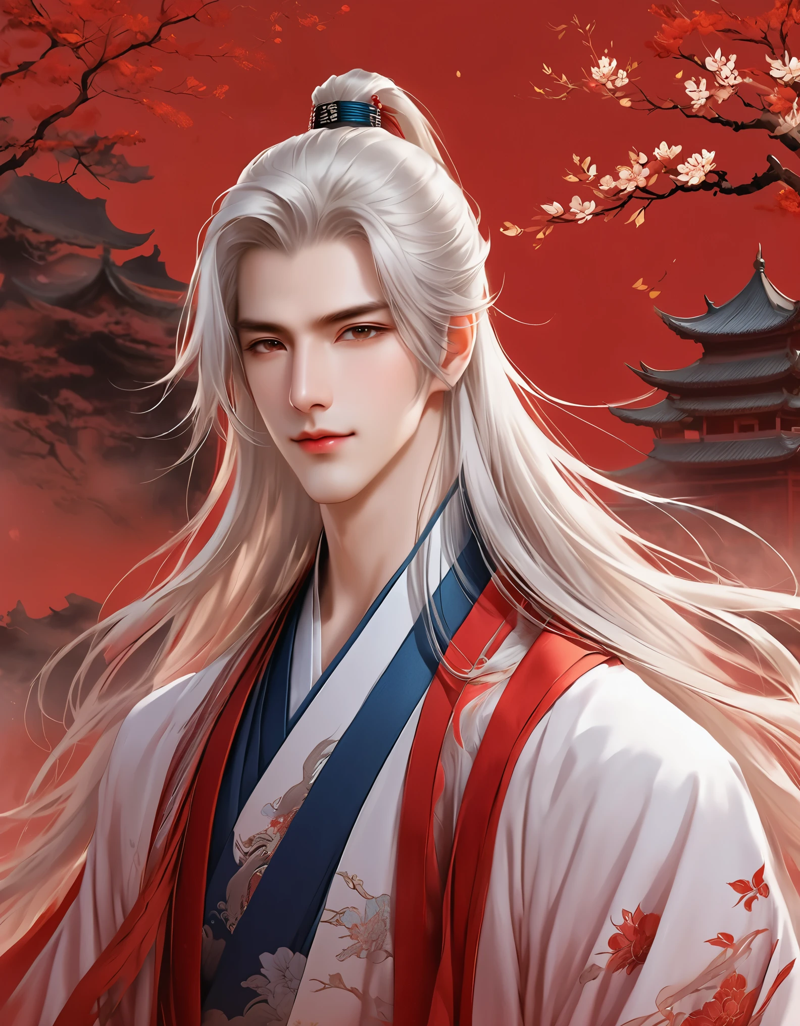 A stunning avatar of an anime male with long hair, Hanfu, Chinese style background, Exquisite facial features, Handsome and majestic, white hair，Brilliant colors, red theme, High resolution, Perfect details.