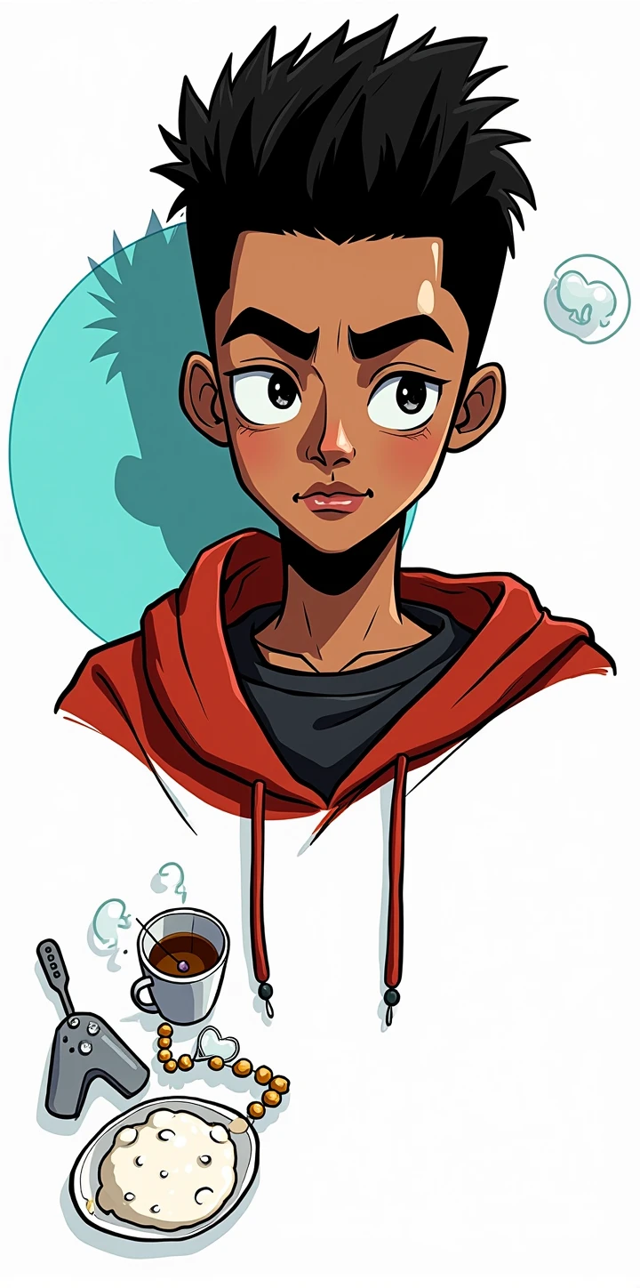 An 18-year-old man with black hair, he was wearing a black sweatshirt, he was eating at a restaurant