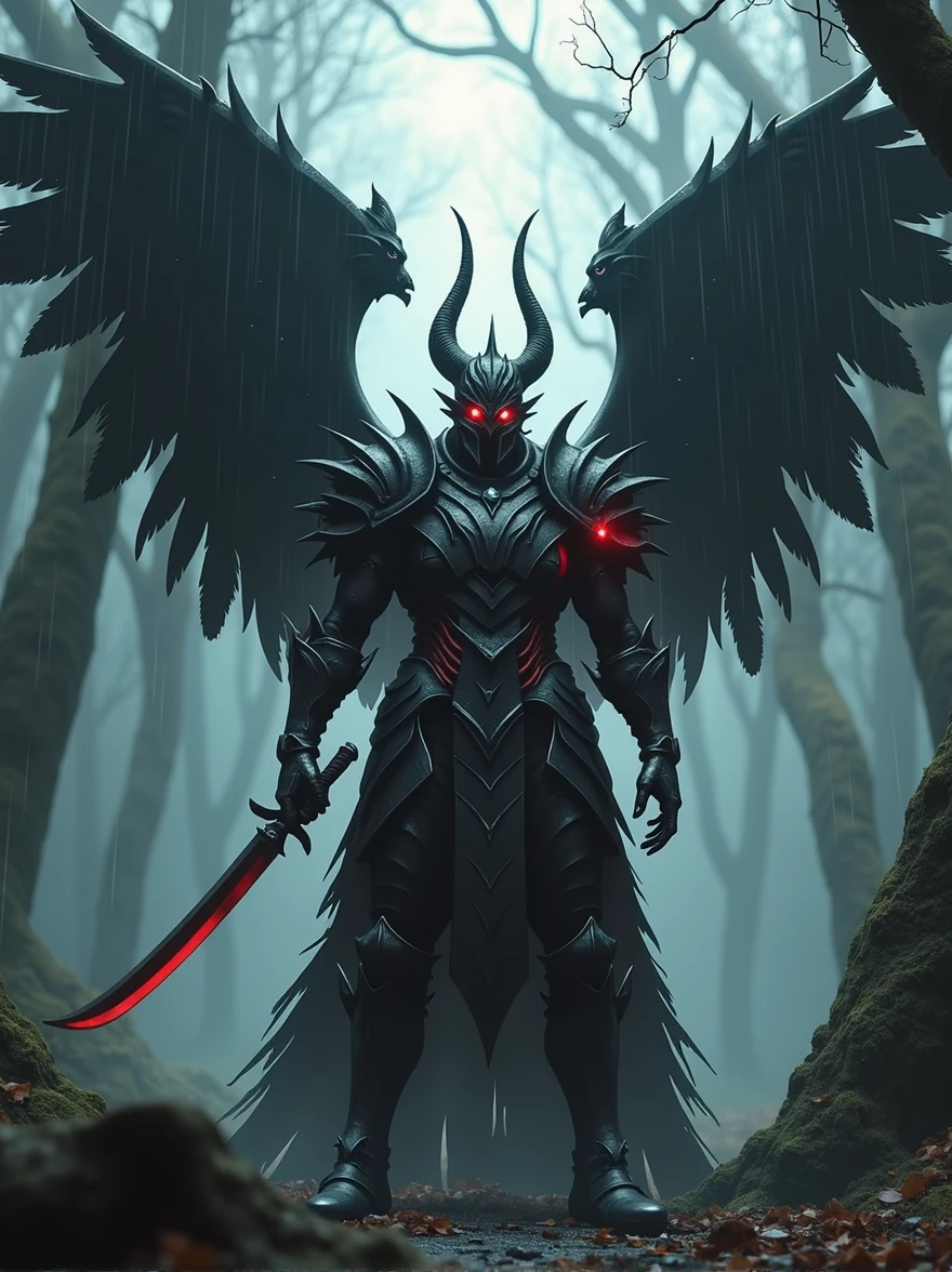 Create a detailed scene of a dark armored warrior in a fantasy setting. The warrior is clad in heavy, dark, and menacing armor with red accents and glowing red eyes. He has a large, spiked helmet and carries a katana in one hand and a dagger in the other. His armor is intricately designed with sharp edges and metallic details. The character has large, black, feathered wings extending from his back. The background features a misty, shadowy forest with tall, dark trees. The atmosphere should feel ominous, with rain lightly falling, and the ground reflecting the surroundings. The overall tone should be dark and intense, emphasizing the warrior's power and the eerie environment