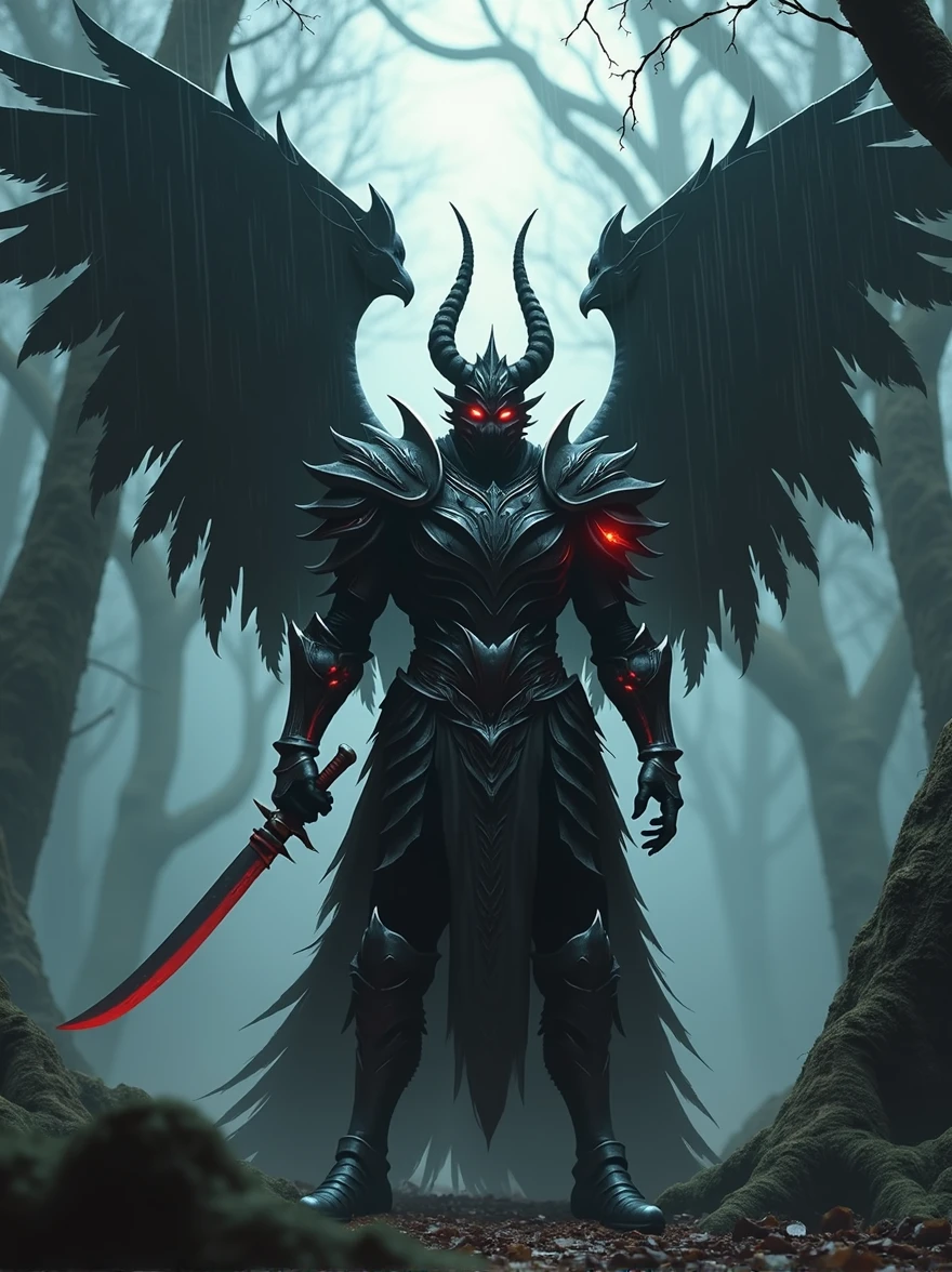 Create a detailed scene of a dark armored warrior in a fantasy setting. The warrior is clad in heavy, dark, and menacing armor with red accents and glowing red eyes. He has a large, spiked helmet and carries a katana in one hand and a dagger in the other. His armor is intricately designed with sharp edges and metallic details. The character has large, black, feathered wings extending from his back. The background features a misty, shadowy forest with tall, dark trees. The atmosphere should feel ominous, with rain lightly falling, and the ground reflecting the surroundings. The overall tone should be dark and intense, emphasizing the warrior's power and the eerie environment