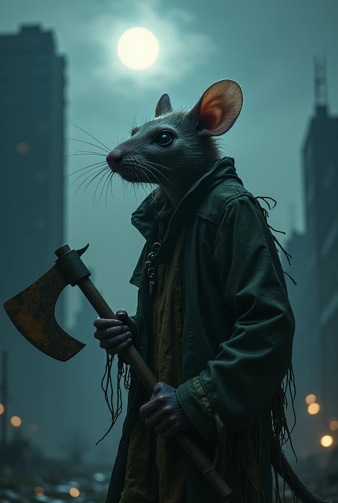 (Ultra detailed), a chilling full-size portrait of a decaying anthro rat, zombie, holding an aged, rusted axe, ((corpse-like skin)), ((detailed hands grasping the axe tightly)), ((loose, tattered clothes)), ((dull eyes with a hollow, vacant stare)), ((lean body with prominent bones and rat-like features)), ((backdropped by a desolate, abandoned cityscape under a moonlit, foggy night))., trending on artstation,foxovh, cenematic lighting, detailed background, ((haunting, eerie, menacing aura)), cyberpunk anthro rat male wearing cyberpunk outit in a destroyed city . shallow depth of field, vignette, highly detailed, high budget, bokeh, cinemascope, moody, epic, gorgeous, film grain, grainy, high quality photography, 3 point lighting, flash with softbox, 4k, Canon EOS R3, hdr, smooth, sharp focus, high resolution, award winning photo, 80mm, f2.8, bokeh,stylized by Modern Disney, photograph, Cyberpunk Rat, Galactic halo background, Cobra, double exposure, Kodak portr400, 35mm, Swirling Brown, key visual, shadowrun, horror, synthwave, dark realism