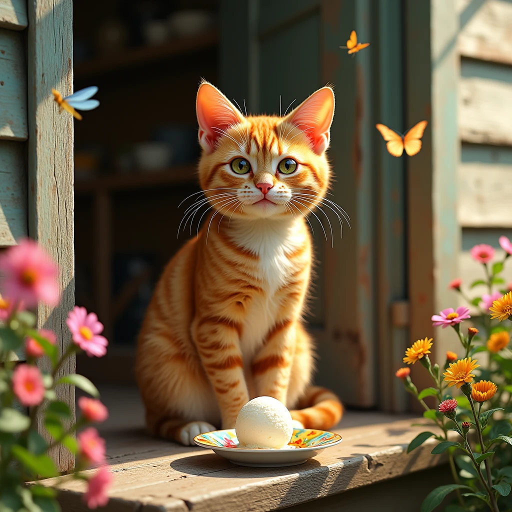A ginger teenage cat with white and green spots on its whiskers, with white drops of ice cream hanging from them, sits on the porch of a rural house.,, A painted saucer stands on the floor in front of the cat., There is one melted ball of white ice cream in the saucer, The sun is shining outside, There are flowers growing near the porch, over which colorful butterflies and a dragonfly hover