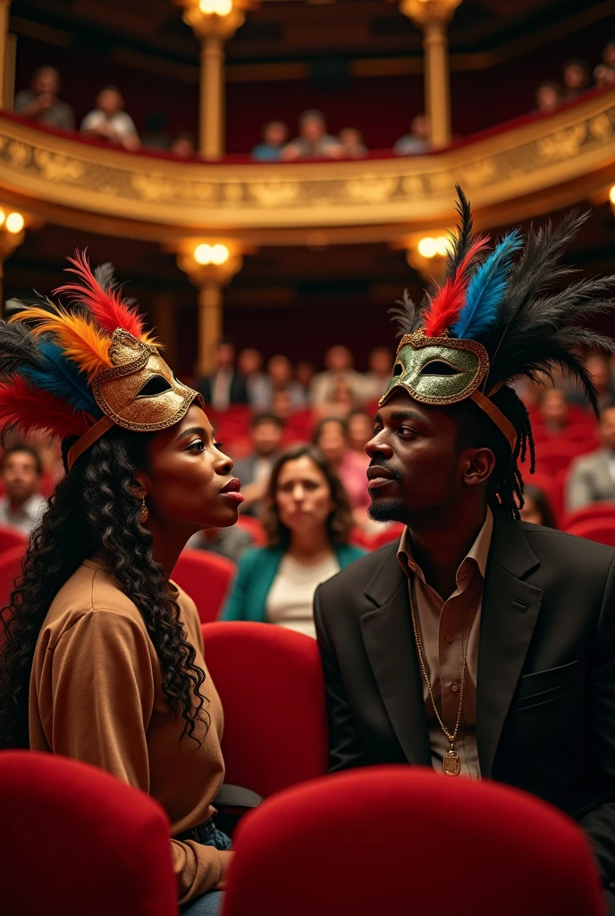 (Photorealism:1.2), People teaching in a theater and two wearing theatrical masks