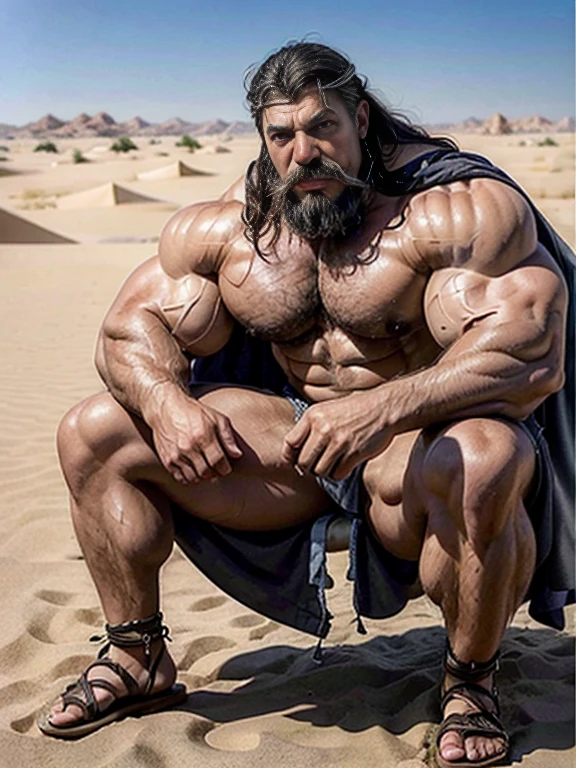 Hyperrealistic image close-up of an Arab Bedouin sitting superhero sweating profusely with very long gray hair. A very muscular 80-year-old bodybuilder weighing over 200 kilos with a bare torso, large drooping pectorals, large tattoos, brown nipples, large.. A big grey moustache Dressed in a wide skirt and sandals among the dunes of the Sahara desert.