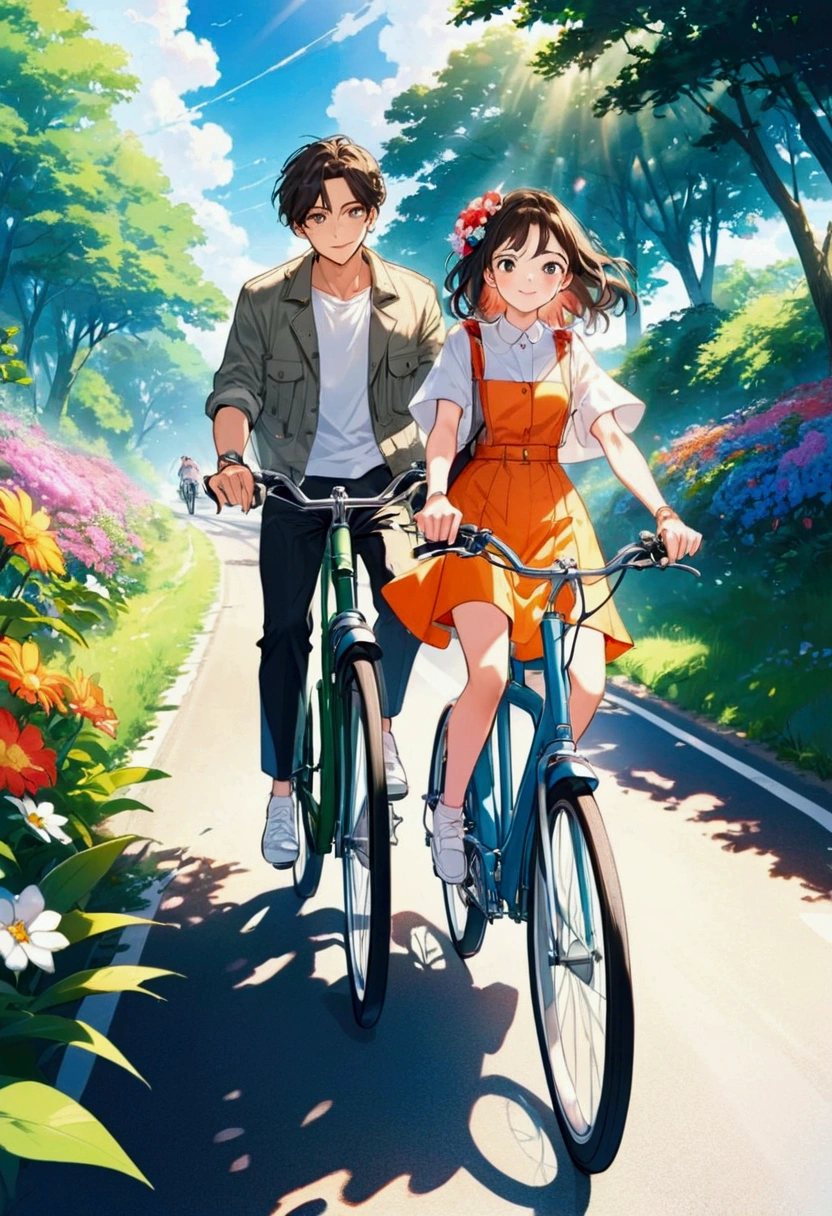 Thin contours、Anime Style、Cool and edgy、 Young couple cycling along a sunlit country road、Blooming Flowers々and surrounded by lush greenery、A happy face shining。bright、Bright colors、Movie angle、High detail、Nostalgic、Fashionable、Pause、colorful、With confidence、Performance、accessories、Coil、Surroundings、stylish、impressive、modern、fashion