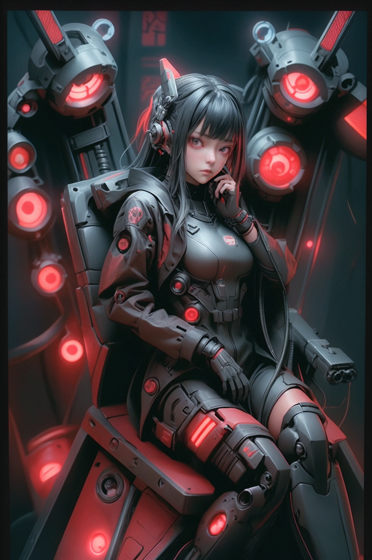 whole body、Top view、whole body、Sitting in the cockpit of a giant mech、Pose with your hands facing the camera、Half Machine Body、Neck of the machine、Left arm of the machine、、Dark City、Red Neon、Image in black and red shades、Contrast、Black clothes、Large size raincoat、