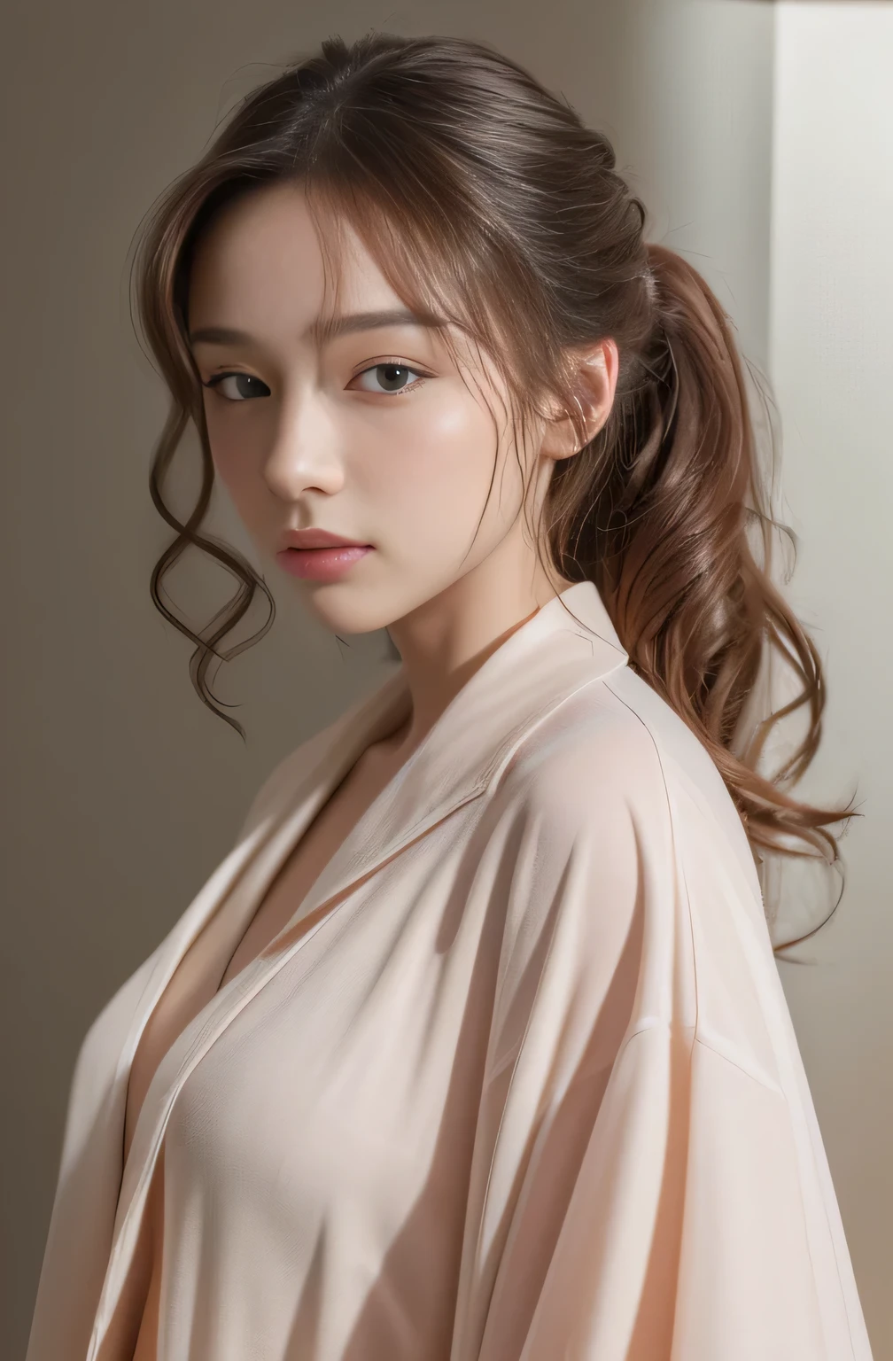 ((Highest quality、in 8K、masterpiece:1.3))、Messy hairstyle、Wearing a translucent robe