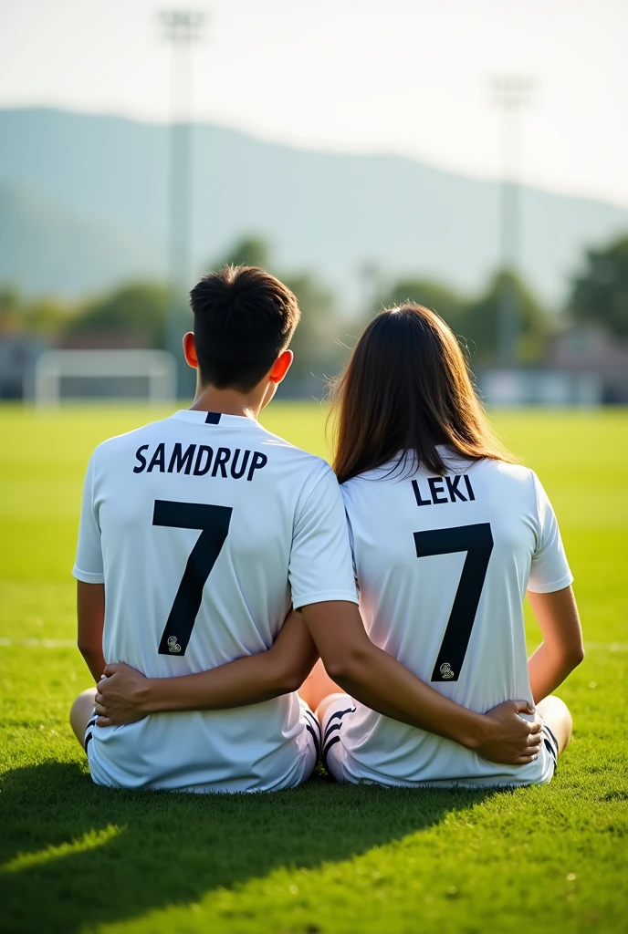 A young man and a women sitting on the football ground and man  hugging the girl...both of them wearing real Madrid dress with jersey 7 and name Samdrup on men's back shirt and Leki on women's back shirt..they are facing forward and staying peacefully .don't show the face ..make them looking at far view...
