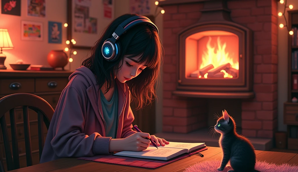 A beautiful young e-girl, wearing headphones and stylish clothing in pink and black, is writing in a notebook. The scene is set in a cozy room with a warm, crackling fireplace. A curious kitten with one eye of each color is sitting nearby, watching intently as she writes. The image should be of high quality, a work of art, and highly detailed, with a 16:9 aspect ratio.