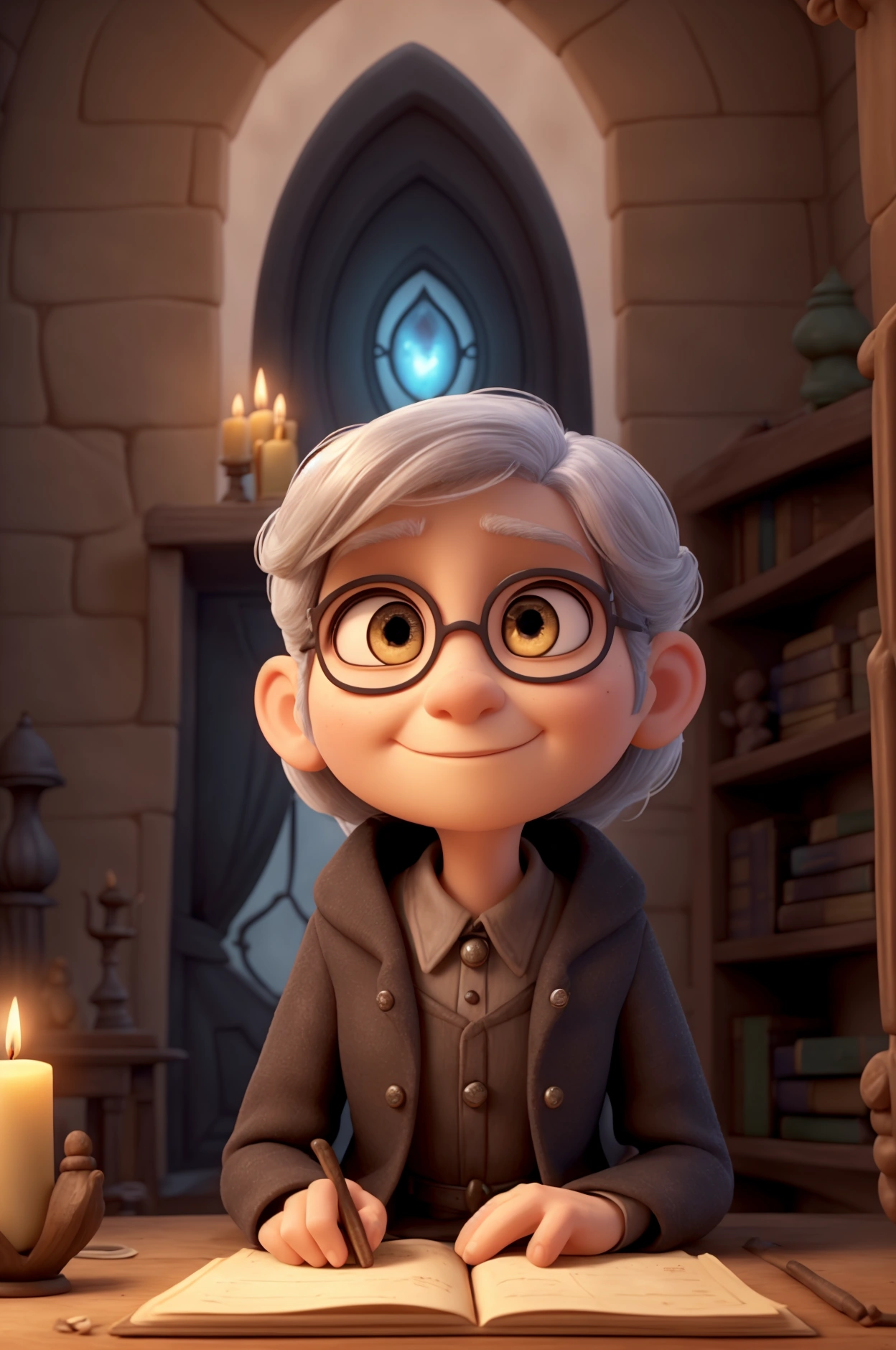Create a highly detailed 3D Pixar-style character of a mysterious guardian of secrets. The character is of indeterminate age, with timeless, enigmatic features. They are dressed in a dark, elegant coat, with piercing eyes that seem to see into the soul. They hold an ancient book or a key, symbolizing the secrets they protect. The setting is a dimly lit room filled with old books, candles, and mystical artifacts. The overall atmosphere should be mysterious and captivating, drawing viewers in with a sense of intrigue and anticipation.