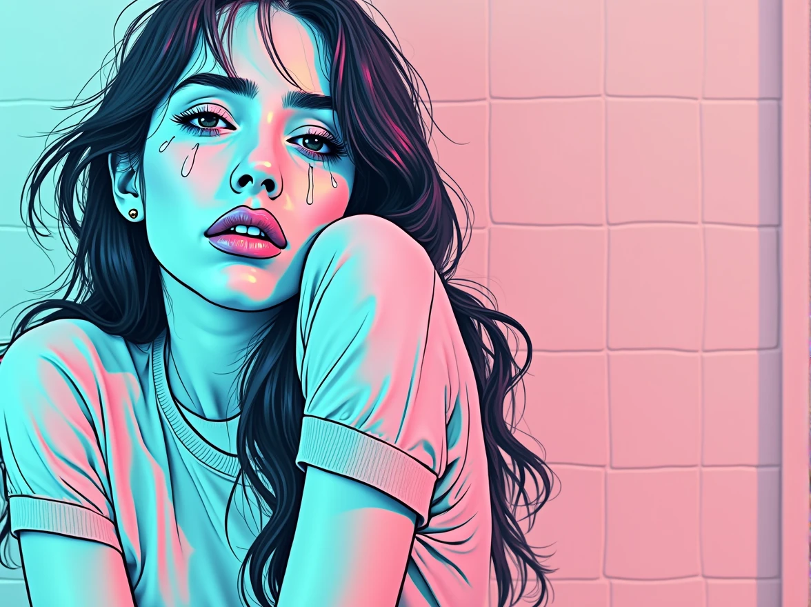 , creating an atmosphere of sadness or despair. She appears distressed or sad as she sits alone against a light-colored wall. This illustration captures the essence of emotional turmoil and loneliness, high resolution photography, in pink and blue tones, pop art style, vibrant colors