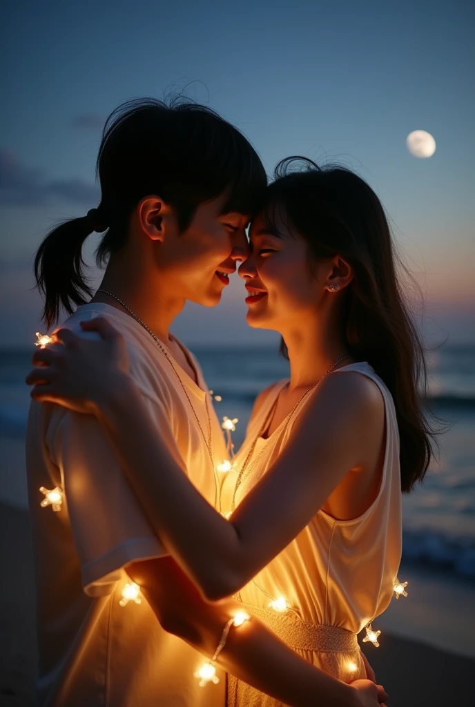 A stunning photograph of korean man had a shoulder length hair tied up and Leaving bangs, he is hugging with young woman. Warm beach setup wonderful night, seeing to camera, shoted dimmed light with 150mm lens, perfect ratio photo
