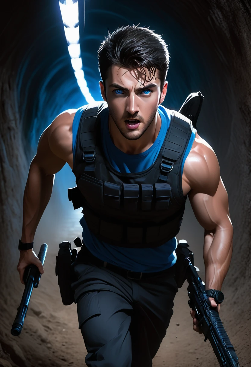 34 year old man, beautiful like Chris Wood, athletic body, blue colored eyes, dark short hair , holding a weapon and in an action position in a dark, poorly lit underground tunnel, dark clothes and bulletproof vest.
A ferocious Belgian Malinois shepherd runs ahead of you, making the scene dangerous.
