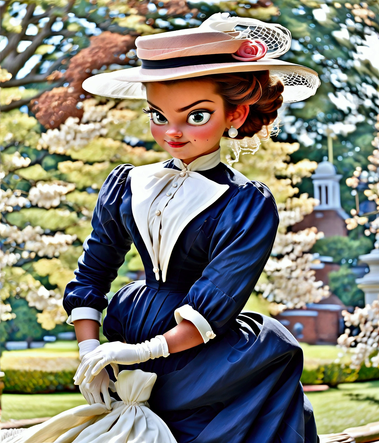 Year 1898. Humanized Minnie Mouse as a pretty, flirty 12yo girl. 1890_dr3ss. Victorian high-collar navy blue dress with (((long puff sleeves cuffed into wrist-high white silk gloves. )))Powder blue sash cinched around her waist. Navy blue ankle skirt. (((Pink straw boater hat with a stuffed white bird held on top and a veil in the front))). Long brunette hair (((tied into a bun enclosed in a net))). Gorgeous face, coquettish smile. Wasp waist. (((Bubble butt sticking out))). Petticoats. Thigh-high silk stockings. High-waisted open bloomers. (((White high-heel button boots:1.2))). 1890s fashion. Victorian park setting. Full body 