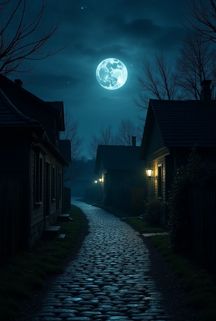 Depict a dark, silent night with a full moon casting eerie shadows. The village is empty, with dimly lit pathways and an ominous stillness in the air