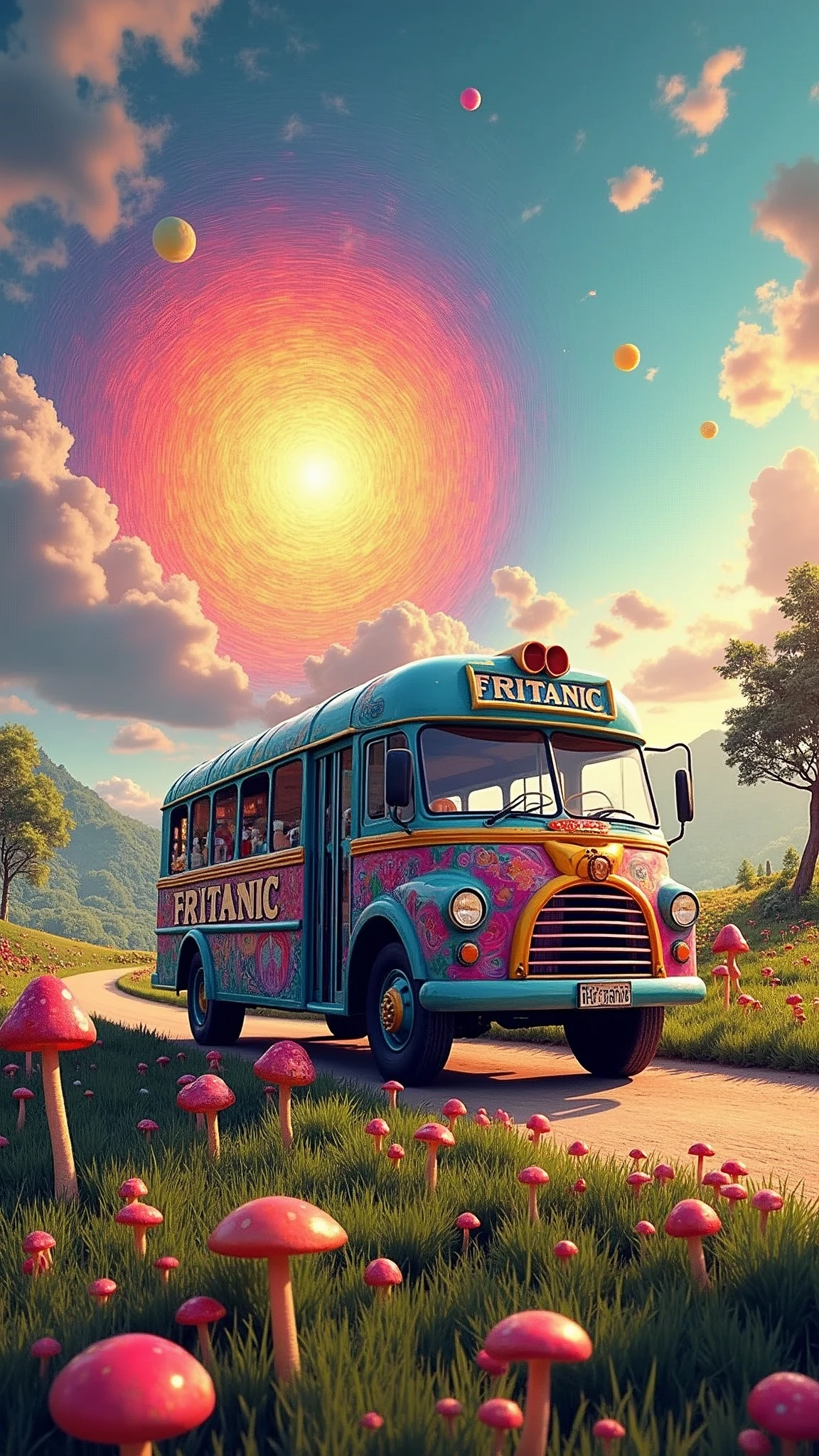 An ultra-realistic and highly detailed image of a tour bus with the name "FRITANIC" written in large, playful letters on the side and front of the vehicle. The bus features a psychedelic and cheerful paint job. The environment exudes positive energy. The bus is traveling on a country road surrounded by beautiful vegetation, flowers, and various psychedelic mushrooms in the early morning. In the sky, a beautiful and psychedelic mandala is forming. The sky has a psychedelic tone. The scene is captured with a Fujifilm X-T4 paired with a 16-55mm f/2.8 R LM WR lens, ensuring stunning clarity and rich details. The lighting is soft and warm, with the early morning sun casting a gentle glow on the vibrant landscape. The aspect ratio is 9:16, emphasizing the vertical composition 