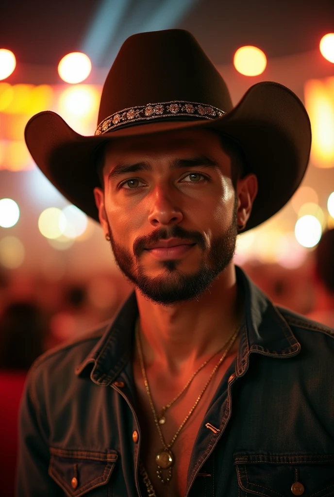 a photo of a brown-skinned man with a short beard, green eyes and short hair, a sertanejo singer