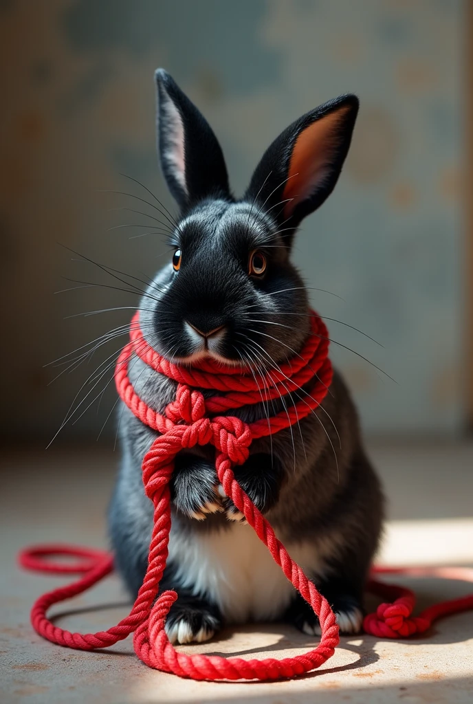 a rabbit , in black and white. entangled with red ropes, shibari style,