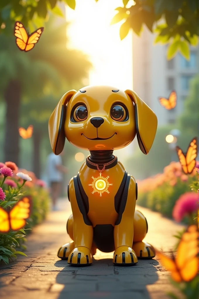 A yellow robot dog wearing a sun necklace