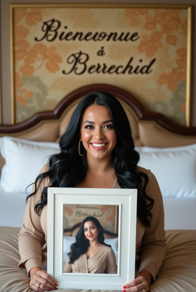 Une femme brune. Les cheveux raides, écartés ou assez écartés du cou, pas longs, de couleurs noirs. Une femme un peu volumineuse par sa forme physique. Assise dans une grande chambre d'hôtel, sur un lit de l'hôtel, souriante, la tête droite, le regard droit fixé vers l'avant, portant dans ses mains une grande photo qu'elle montre bien vers l'avant de sorte que la photo qu'elle montre soit un peu décollée de sa poitrine et derrière elle, accroché sur le mur, un tableau avec 2 écritures sur le tableau. L'une qui dit en langue arabe : Bienvenue à Berrechid et la deuxième en langue française qui dit : Bienvenue à Berrechid.