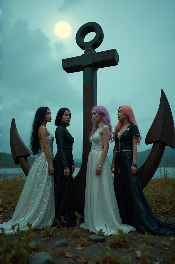 I'm taking photos for a new concept album. Create a girl group concept photo with a mysterious giant anchor