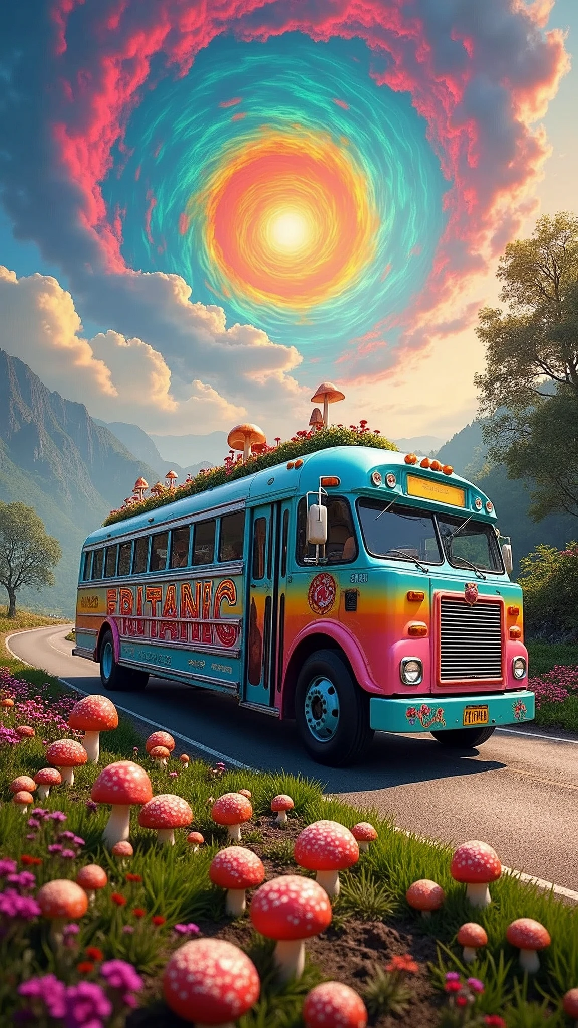 An ultra-realistic and highly detailed image of a tour bus with the name "FRITANIC" written in large, playful letters on the side and front of the vehicle. The bus features a psychedelic and cheerful paint job. The environment exudes positive energy. The bus is traveling on a country road surrounded by beautiful vegetation, flowers, and various psychedelic mushrooms in the early morning. In the sky, a beautiful and psychedelic mandala is forming. The sky has a psychedelic tone. The scene is captured with a Fujifilm X-T4 paired with a 16-55mm f/2.8 R LM WR lens, ensuring stunning clarity and rich details. The lighting is soft and warm, with the early morning sun casting a gentle glow on the vibrant landscape. The aspect ratio is 9:16, emphasizing the vertical composition