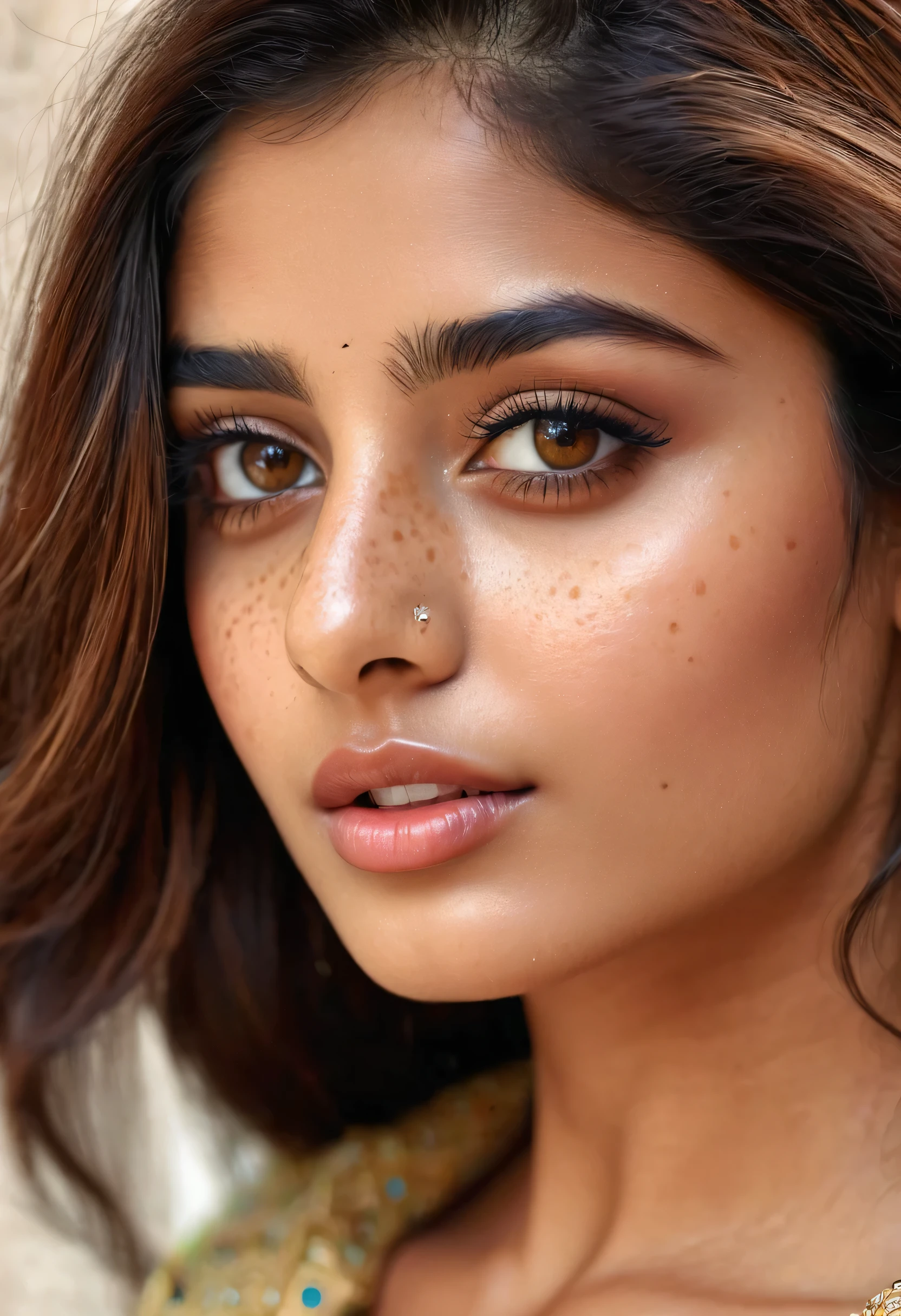 Beautiful indian model brown hair sparkling eyes perfect body stunning realistic realistic 23 yrs old light freckles on the face hd 